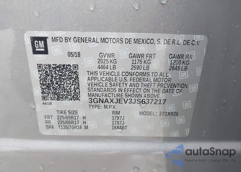 2018 Chevrolet Equinox Lt z USA, uszkodzony, nr VIN 3GNAXJEV3JS637217